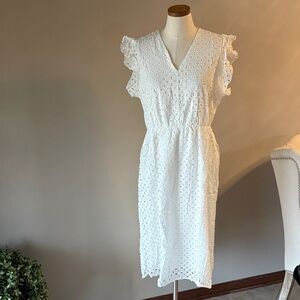 Elegant White cotton eyelet midi Dress V neck ruffle cap sleeve elastic waist XL